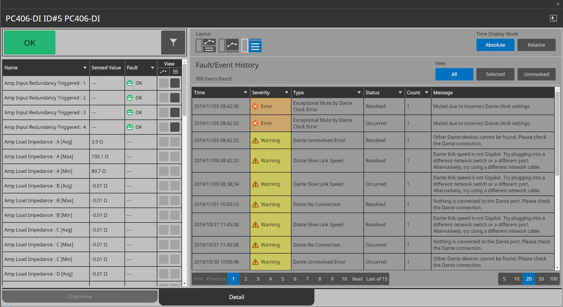 Yamaha ProVisionaire: Fault and event history for the selected devices